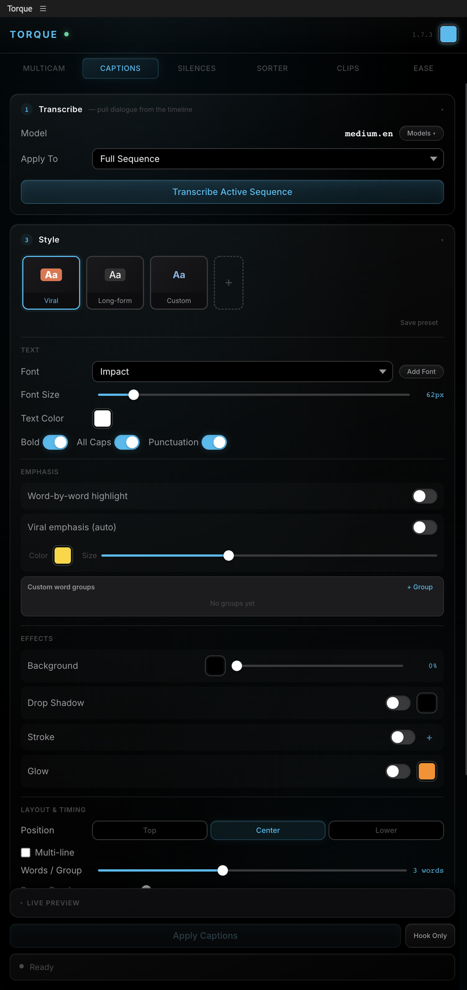 Torque Captions panel